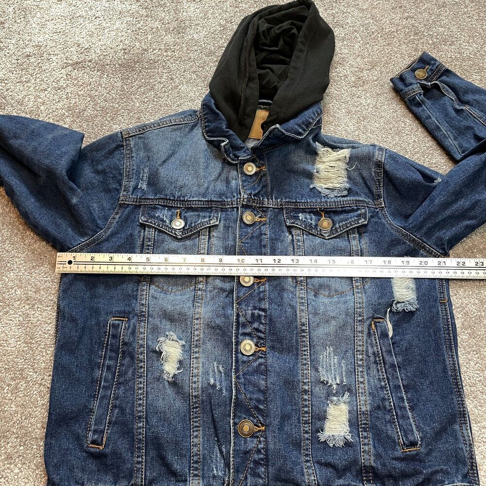 Rue 21 Jean Jacket Womens Small Blue Denim Distressed Dark Wash Black Hooded - Picture 8 of 11